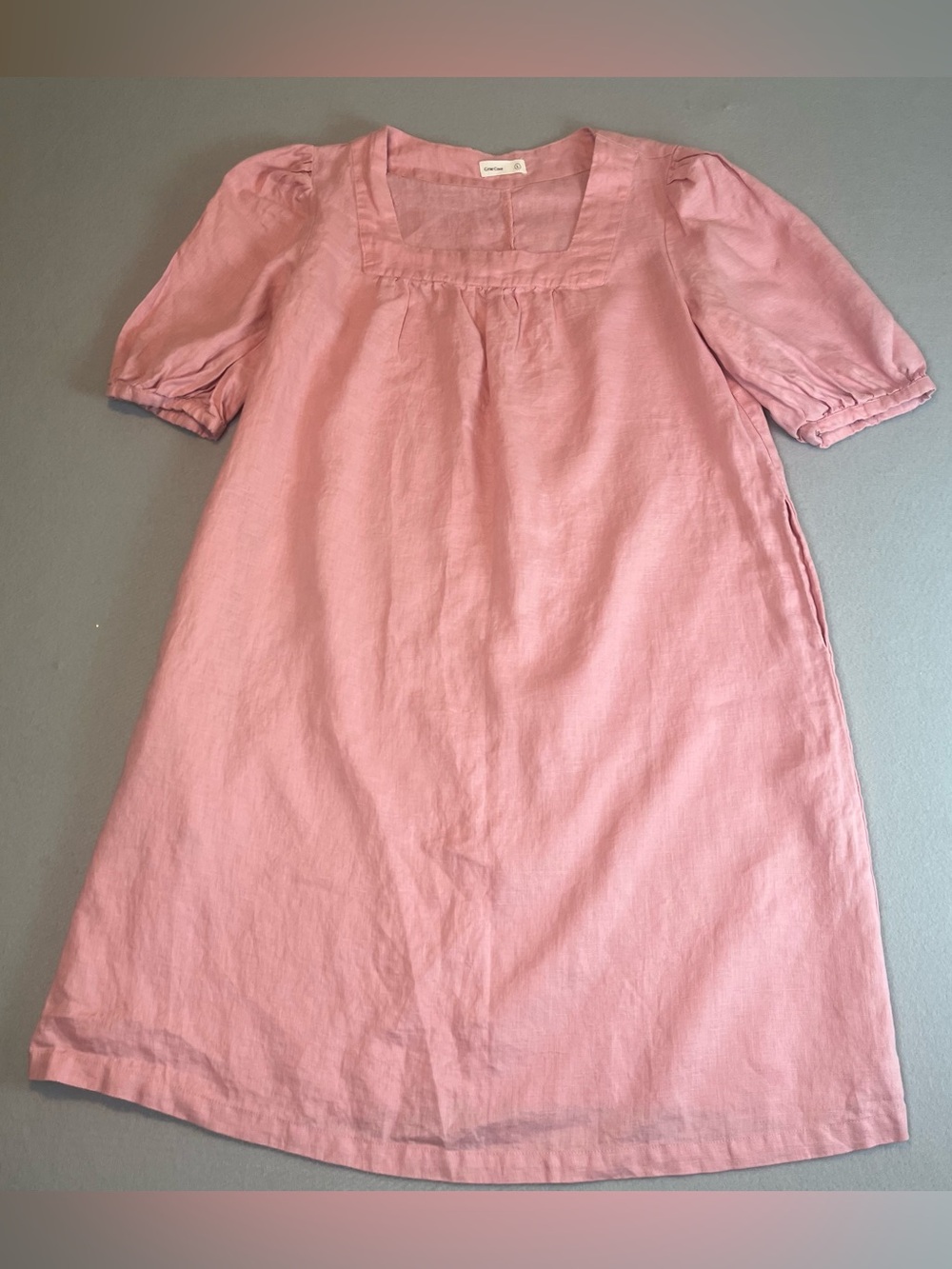 Grae Cove 100% Linen Dress Large Pink Square Neck Puff Sleeve Cottagecore Pocket
